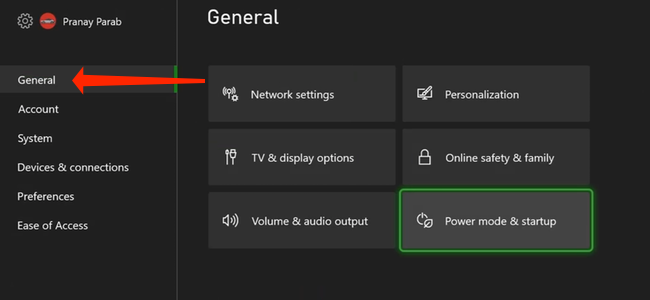 In Xbox Series X|S settings, navigate to the “General” tab in the left pane.