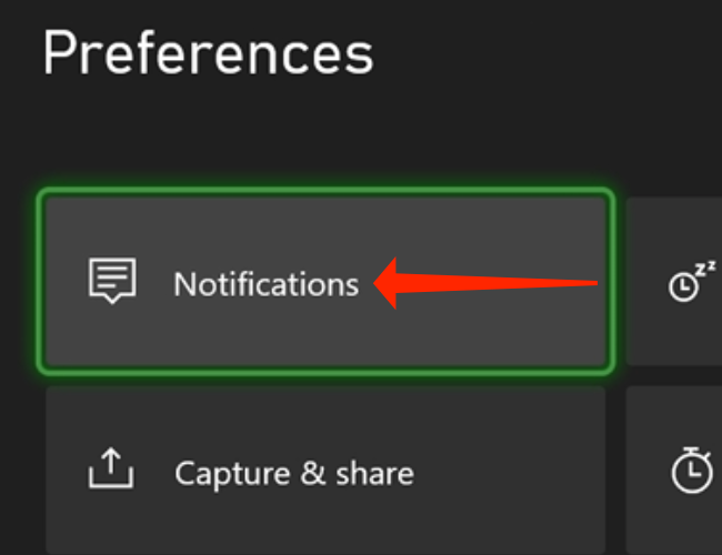 “Notifications” under the “Preferences” tab in Xbox settings.