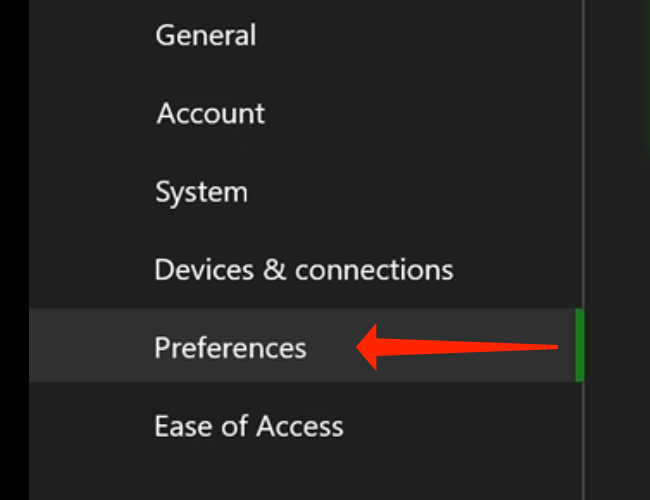 Navigate to the “Preferences” tab in the left pane of Xbox Series X settings.