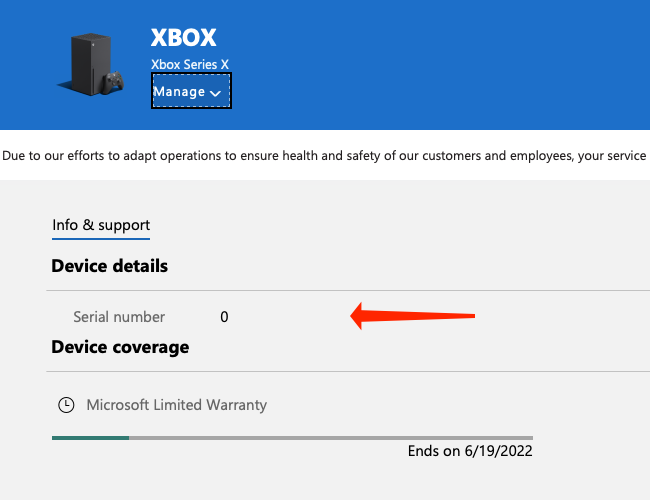 When you've selected your Xbox on Microsoft's Devices page, you'll see the serial number under the "Device Details" section in the "Info & Support" tab.