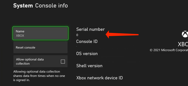 On the Console Info page in Settings, the serial number of your Xbox Series X|S will appear right next to the name of the console.