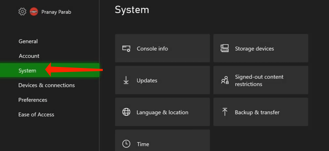 When you've opened "Settings" on the Xbox Series X|S, you can select the "System" tab in the left pane.