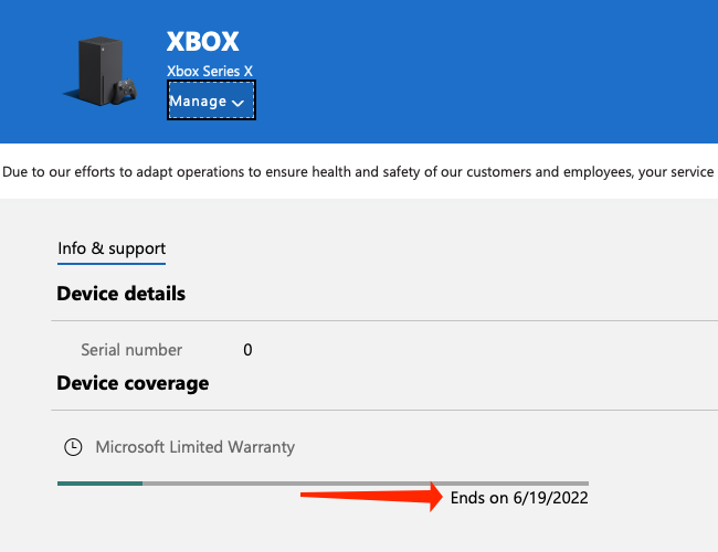 You'll find the warranty information for your Xbox Series X|S in the "Device Coverage" section, which is located below the serial number on the Microsoft Devices page.