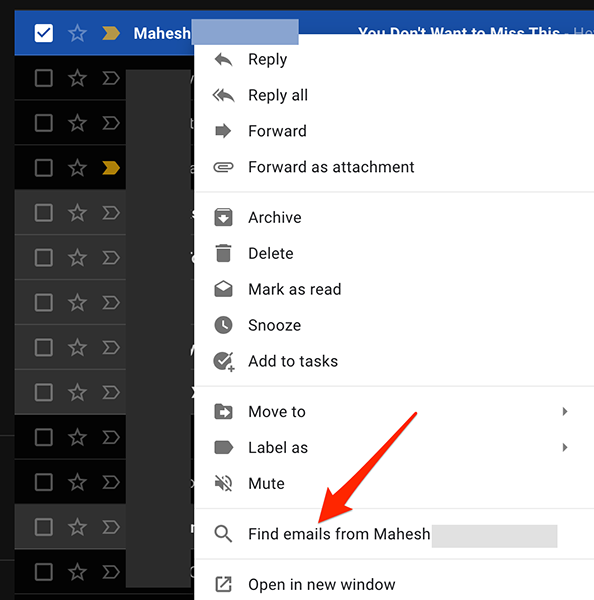 Right-click an email in Gmail and select "Find Emails From."