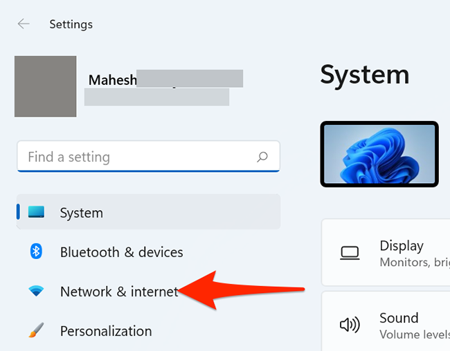 Click "Network & Internet" in Settings on Windows 11.