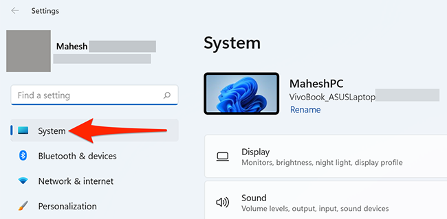 Select "System" in Settings on Windows 11.