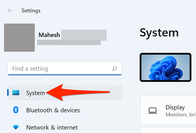 Click "System" in Settings on Windows 11.