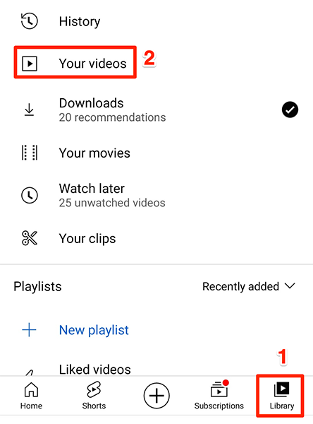 Access uploaded videos at Library > Your Videos in the YouTube app.