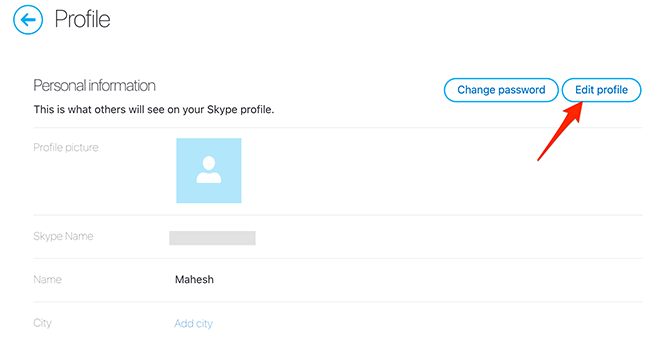 Select "Edit Profile" from the "Profile" page on the Skype site.