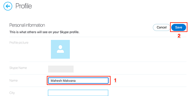 Enter a new display name in the "Name" field and click "Save" on the Skype site.