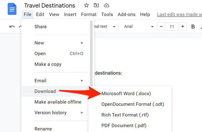 Select File > Download > Microsoft Word from Google Docs' menu bar.