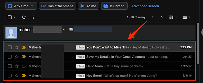 Emails sorted by the specified sender in Gmail.