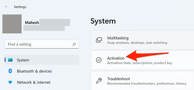 Select "Activation" in Settings on Windows 11.