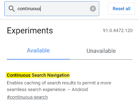 Next, start typing "Continuous Search Navigation" in the search box until you see the flag with the same name.