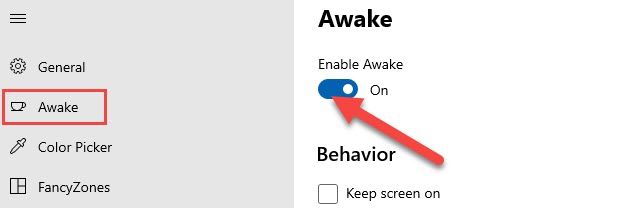 Select "Awake" from the sidebar menu and make "Enable Awake" is toggled on.