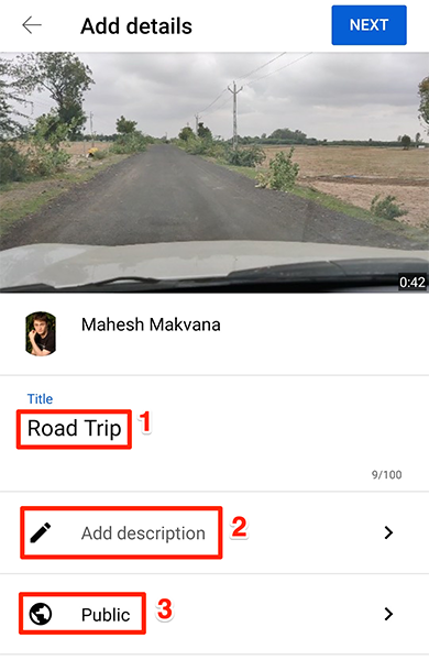 Enter video details on the "Add Details" page in the YouTube app.