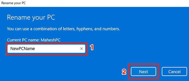 Enter a new PC name and click "Next."