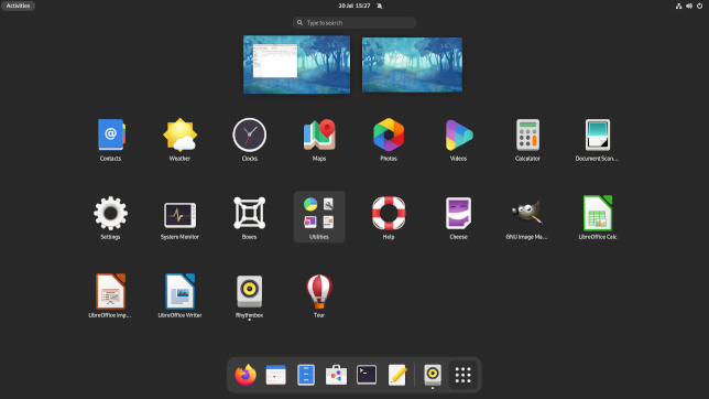 Application launcher in Fedora 34 with after dragging an icon to a workspace