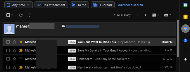 Gmail emails sorted by sender.