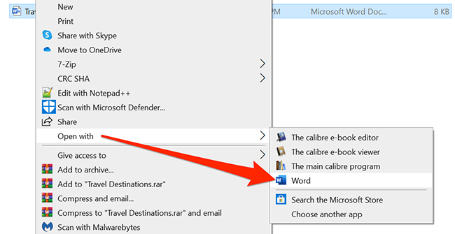 Right-click the document and select Open with > Word.