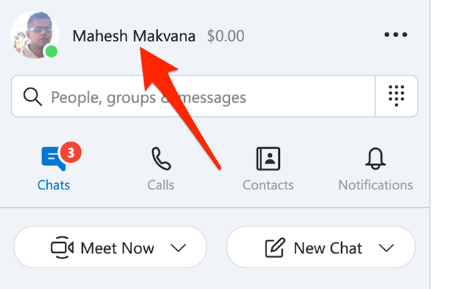 Newly specified display name in the Skype app.