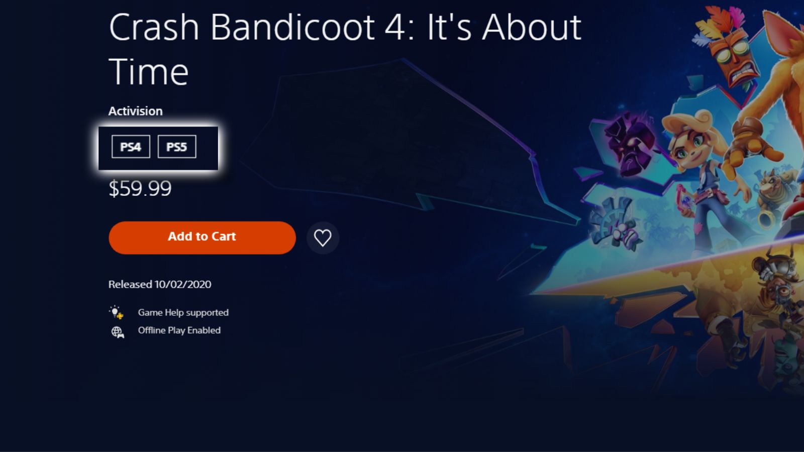 PlayStation 5 'Crash Bandicoot 4: It's About Time' store page with the platforms section highlighted