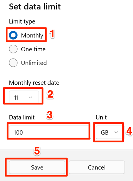 Select the "Monthly" data limit option in Settings on Windows 11.