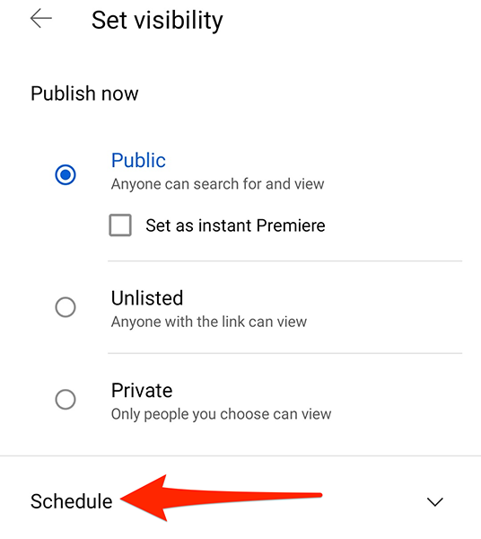 Tap "Schedule" to schedule release a video in the YouTube app.