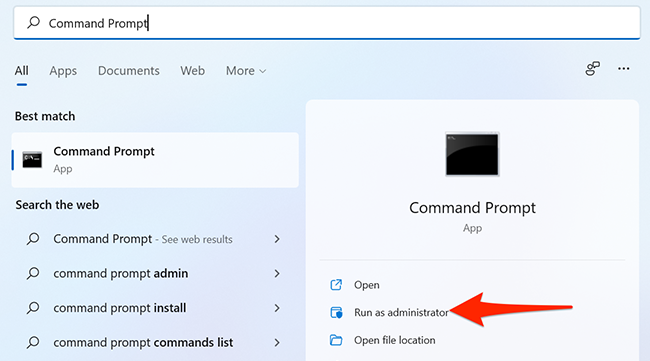 Click "Run as administrator" for Command Prompt in the Start menu.