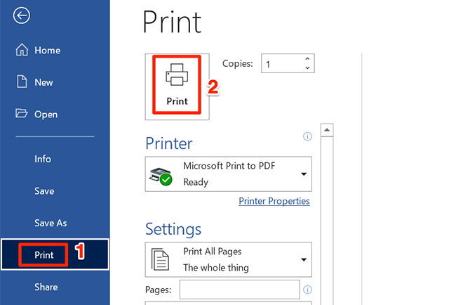 Select "Print" to print a Word document.