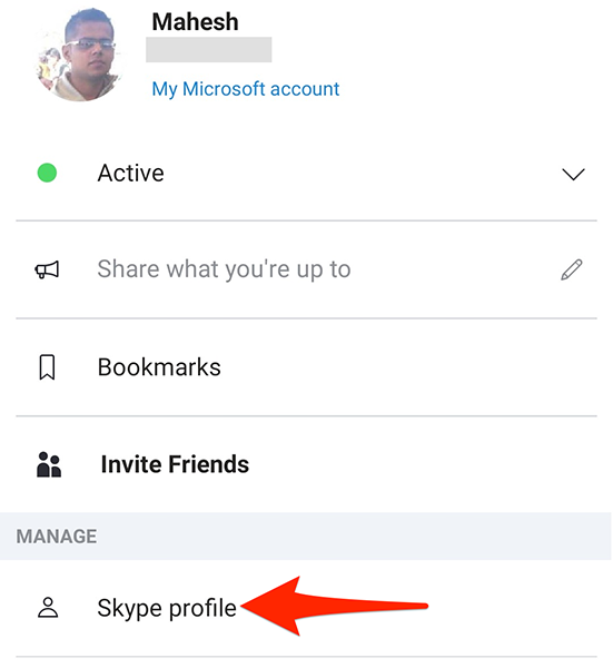 Select "Skype Profile" from the profile menu in the Skype mobile app.