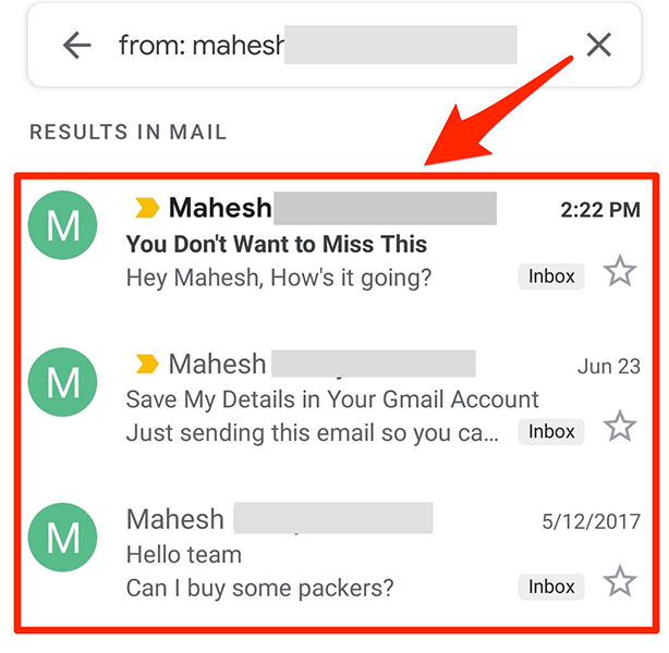 Emails sorted by sender in the Gmail app.