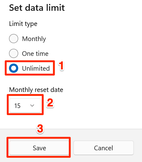 Choose the "Unlimited" data limit option in Settings on Windows 11.