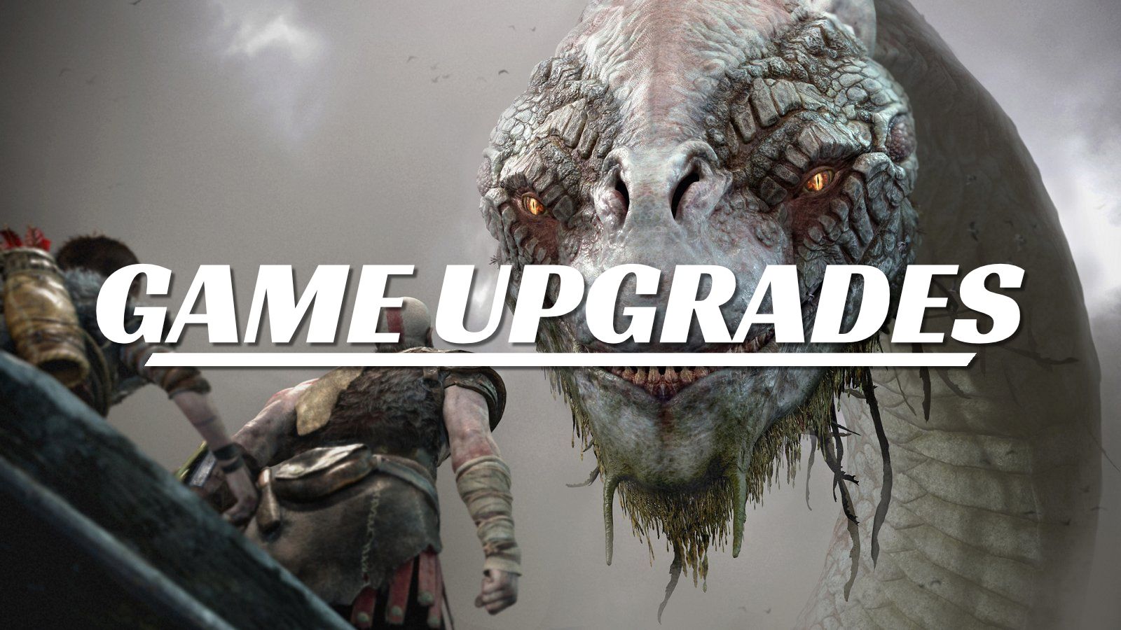 'God of War' screenshot with white &quot;Game Upgrades&quot; text