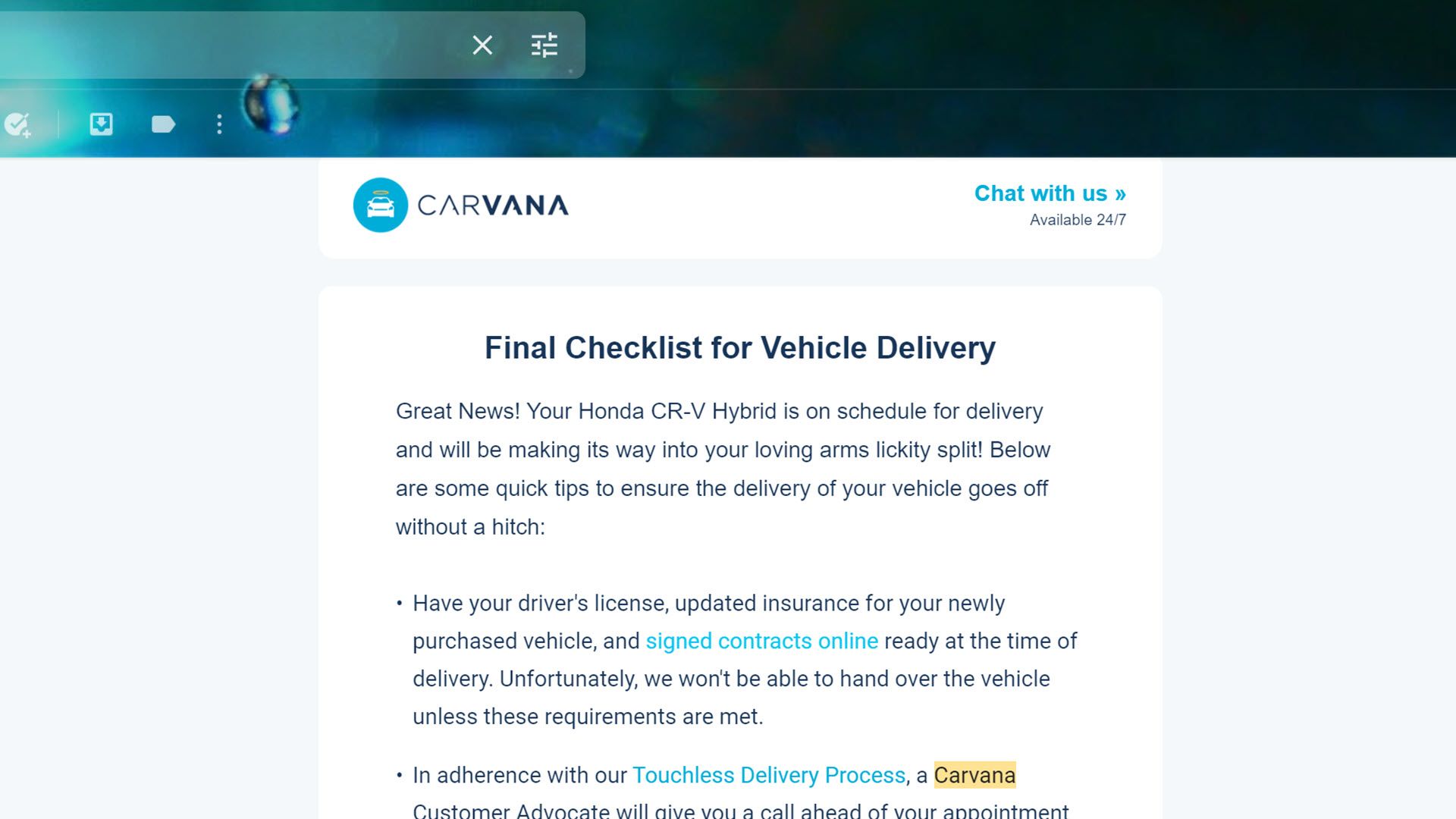An email confirming an on-time delivery.