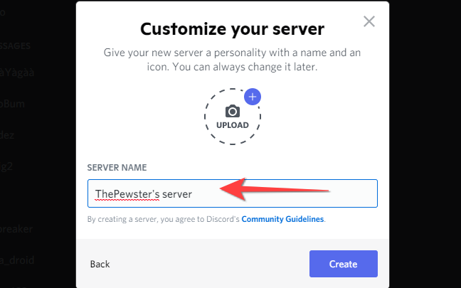 Add Server name, upload server photo (optional), and hit "Create."