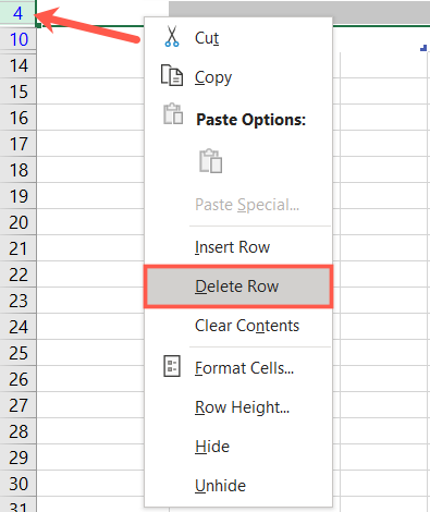 Right-click and pick Delete Row