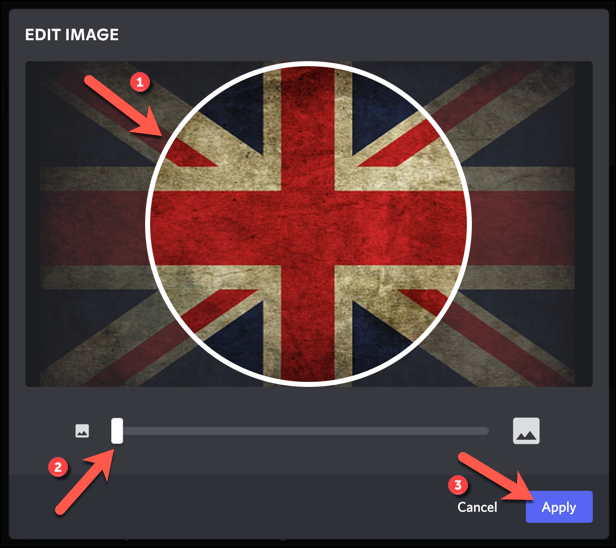 Upload the image using the file selection menu, then use the "Edit Images" menu to reposition and resize your Discord avatar image before pressing "Apply" to save it.