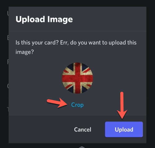 After uploading an image, tap "Crop" to crop or resize it, or "Upload" to upload it immediately.