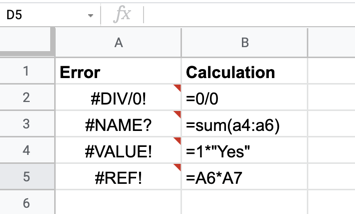 An example of various Google Sheets formula errors.