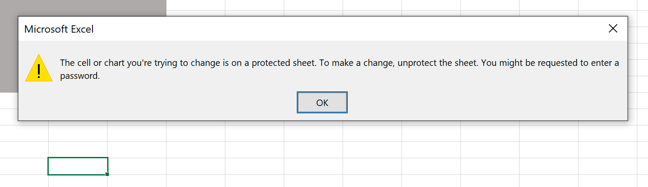 An example of an Excel error message following an attempt to edit a locked cell.