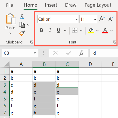 Font formatting section in ribbon