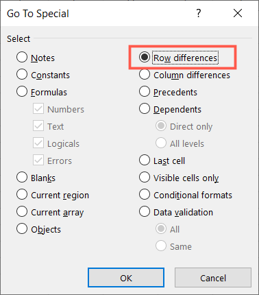 Choose Row Differences and click OK