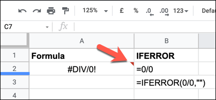 An example of a Google Sheets formula error indicator, successfully hidden by an IFERROR formula.