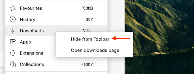 Right-click the Downloads option, and click &quot;Hide from Toolbar.&quot; 