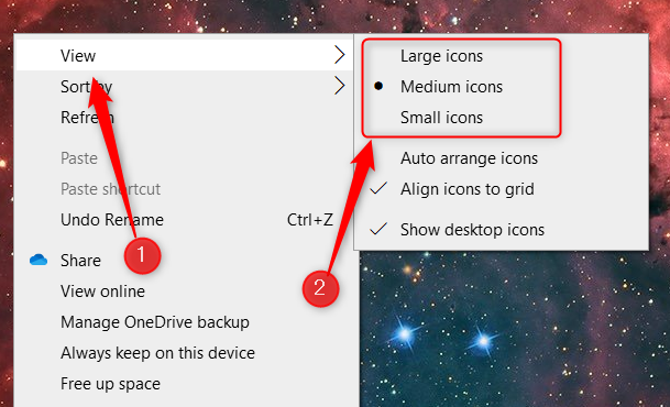 Hover your cursor over 'View' and choose an icon size.