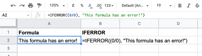 An example of an IFERROR formula in Google Sheets with a nested function.