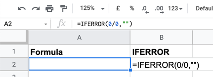 An example of an IFERROR formula in Google Sheets, showing an empty error message using an empty text string.