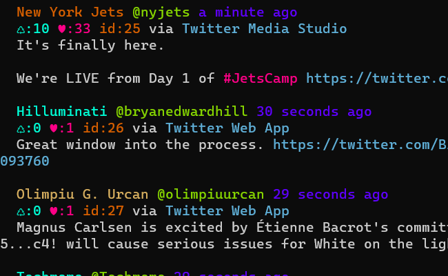 A terminal window with a stream of tweets using multiple colors of text.
