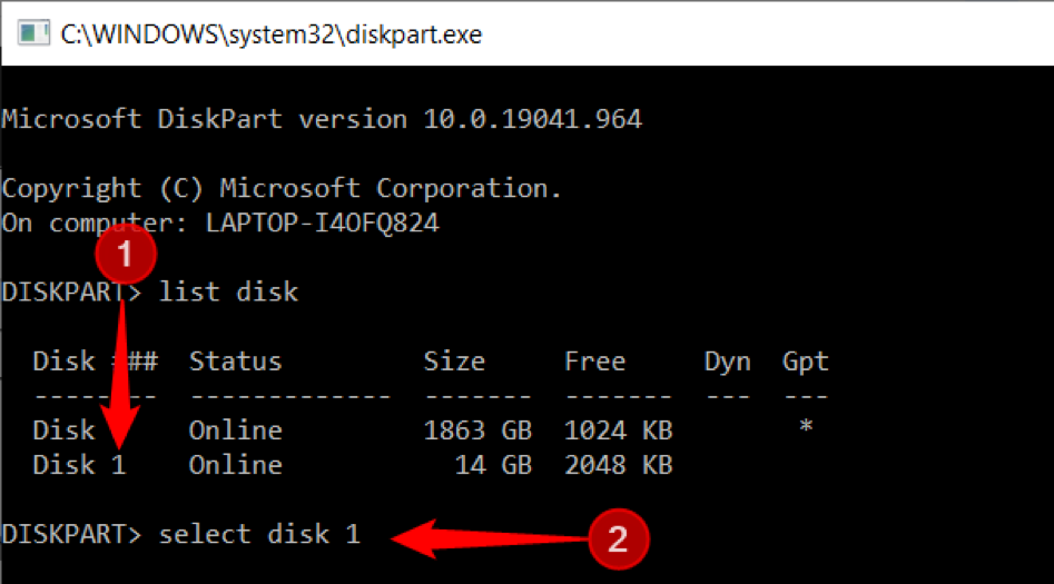 Type "select disk [disk number]" or the device needed to be selected